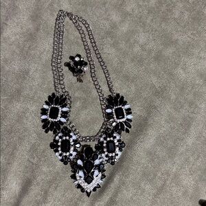 Black and Silver Statement Necklace and Brooch Set
